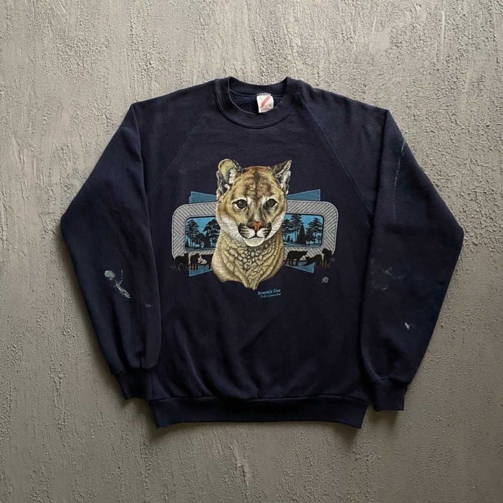 Vintage Mountain Lion Graphic Sweatshirt Mens Large Navy Blue 90s Jerzees
